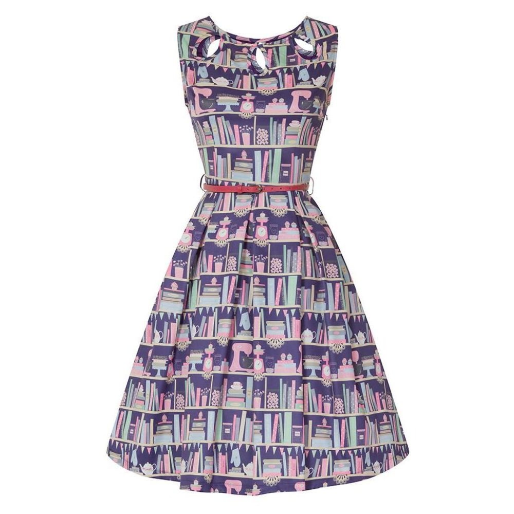 Lindy Bop Lily Baking Bookshelf Dress Navy/Purple